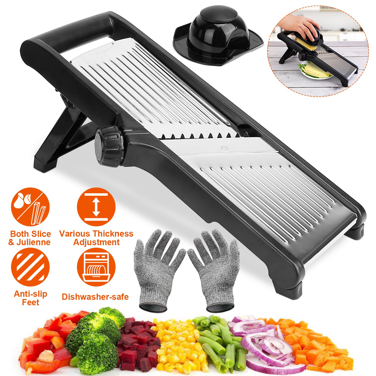 ORANGLES Mandoline Food Slicer – Stainless Steel Vegetable & Fruit Cutter with 5 Blades - high resolution display - exposing craftsmanship - Image 2 of 6 | built for everyone | Mandoline Food Slicer – Stainless Steel Vegetable & Fruit Cutter with 5 Blades for sale Georgia | Free Shipping ORANGLES