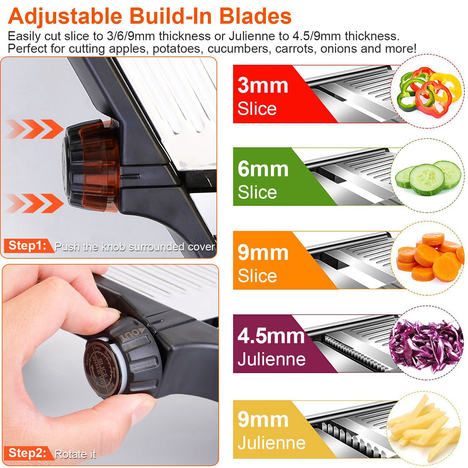 ORANGLES Mandoline Food Slicer – Stainless Steel Vegetable & Fruit Cutter with 5 Blades - angled perspective - presenting advantages - Image 4 of 6 | fits any environment | Purchase Mandoline Food Slicer – Stainless Steel Vegetable & Fruit Cutter with 5 Blades Michigan | Free Shipping ORANGLES