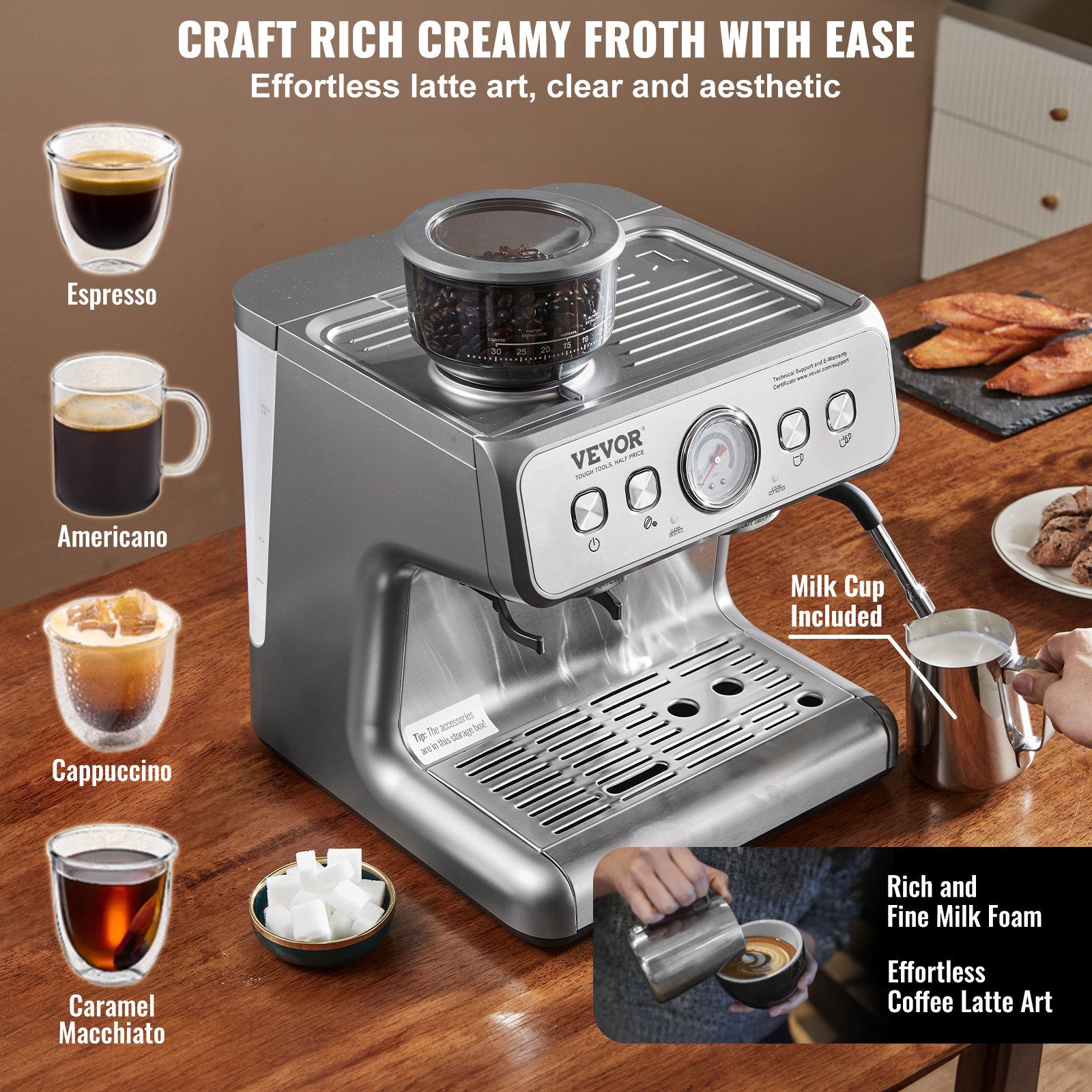 ORANGLES Automatic Espresso Machine With Grinder 15 Bar Semi Automatic - detailed closeup view - Image 3 of 4 | great for travel | Texas | Free Shipping ORANGLES