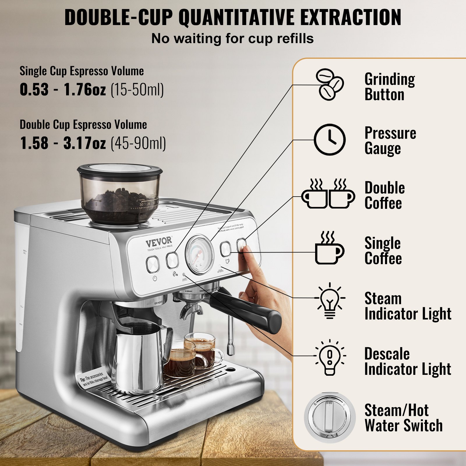 ORANGLES Automatic Espresso Machine With Grinder 15 Bar Semi Automatic - angled perspective - Image 4 of 4 | excellent for daily use | New York | Free Shipping ORANGLES