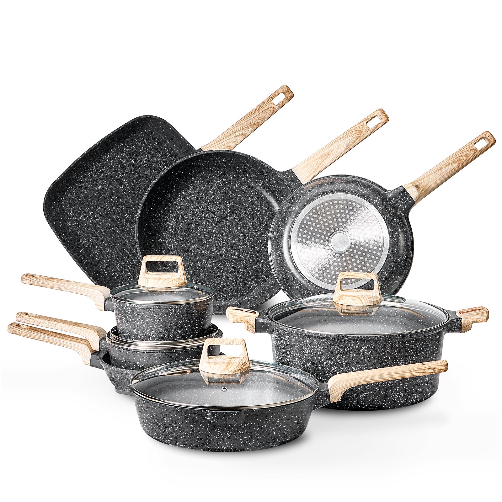19‑Piece Granite Cookware Set – Nonstick Black Induction