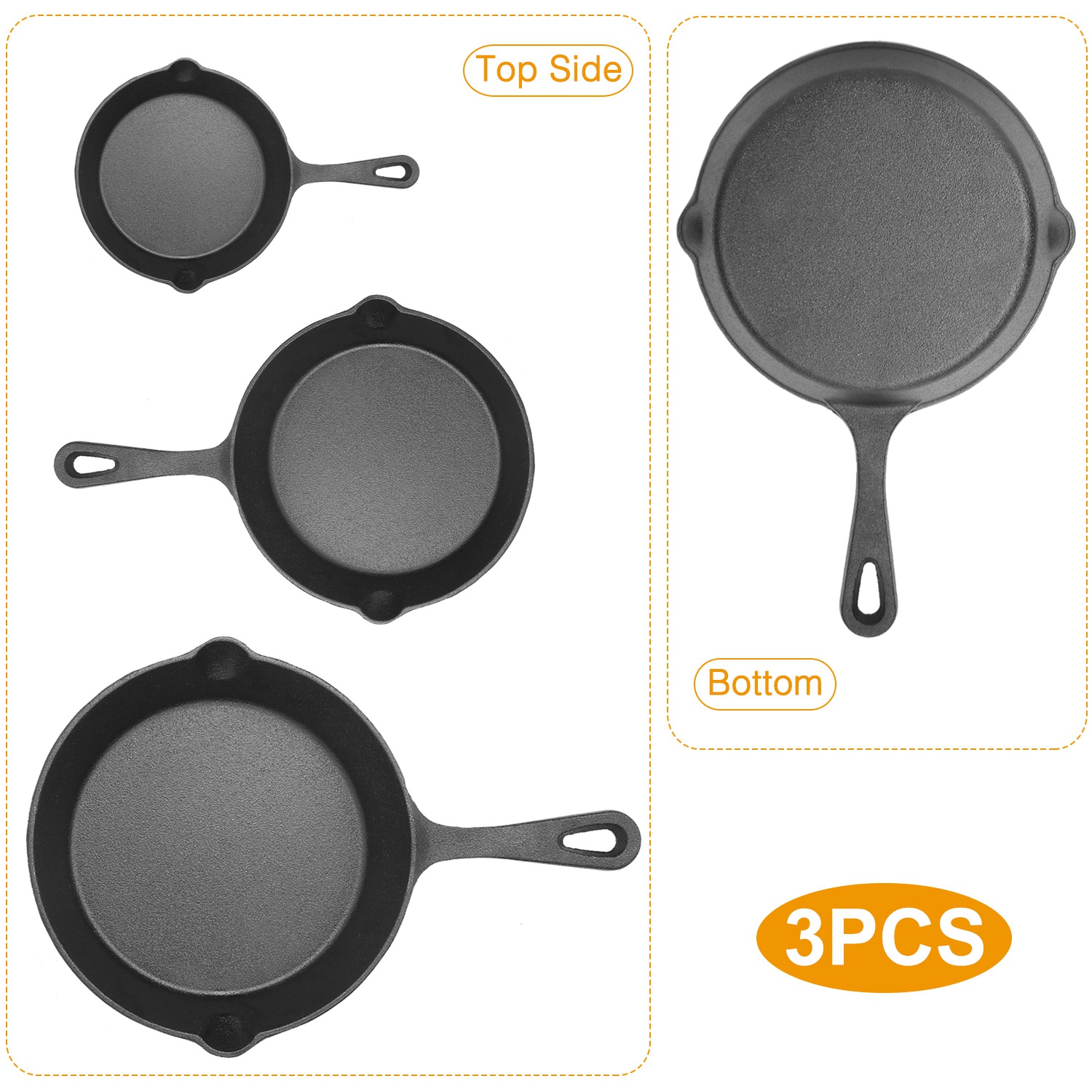 ORANGLES 3‑Piece Cast Iron Skillet Set – Oven Safe Nonstick - detailed closeup view - illustrating benefits - Image 3 of 5 | created for all | Shop 3‑Piece Cast Iron Skillet Set – Oven Safe Nonstick North Carolina | Free Shipping ORANGLES