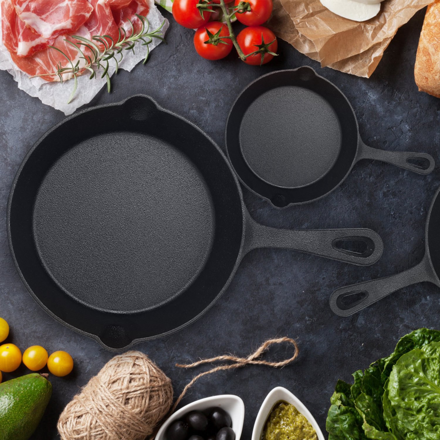 ORANGLES 3‑Piece Cast Iron Skillet Set – Oven Safe Nonstick - angled perspective - presenting advantages - Image 4 of 5 | fits any environment | Purchase 3‑Piece Cast Iron Skillet Set – Oven Safe Nonstick Michigan | Free Shipping ORANGLES