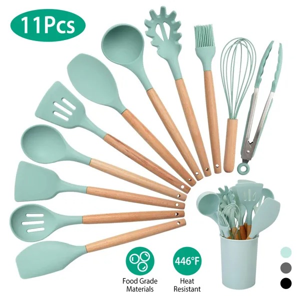 11‑Piece Silicone Utensil Set – Wooden Handle Kitchenware
