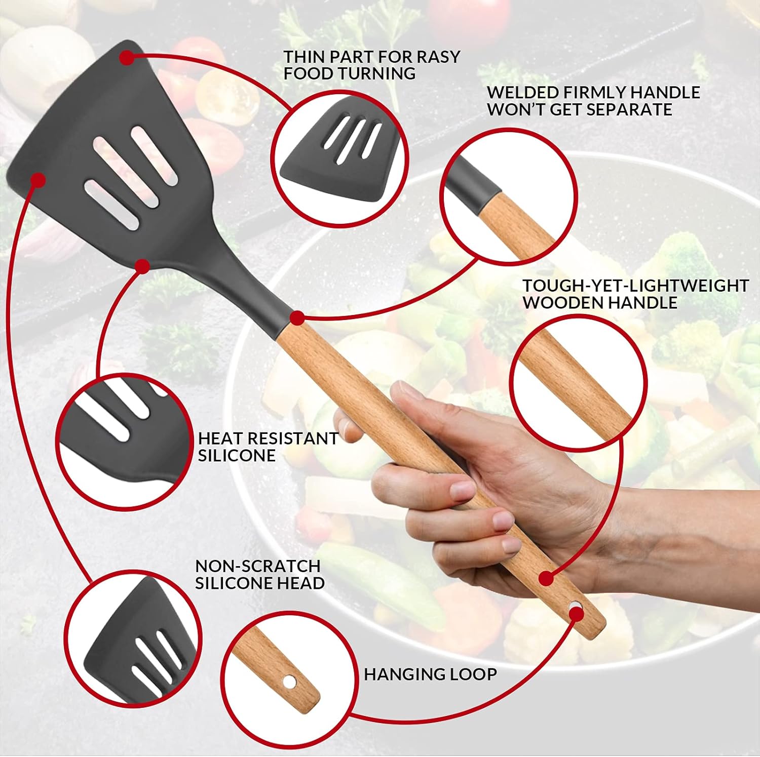 ORANGLES 12‑Piece Silicone Utensil Set – Gray Wooden Handle - detailed closeup view - illustrating benefits - Image 3 of 6 | created for all | Shop 12‑Piece Silicone Utensil Set – Gray Wooden Handle North Carolina | Free Shipping ORANGLES