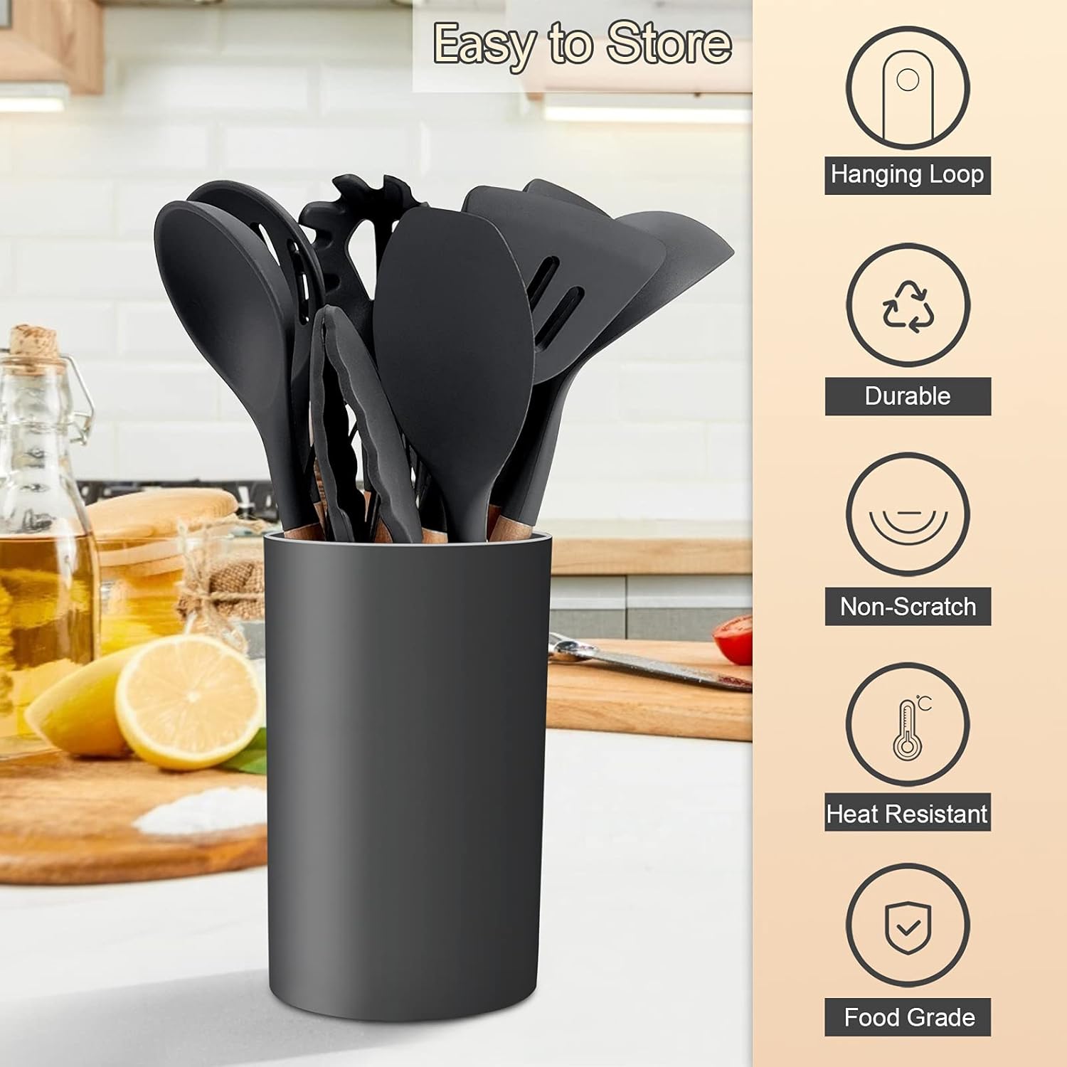 ORANGLES 12‑Piece Silicone Utensil Set – Gray Wooden Handle - angled perspective - presenting advantages - Image 4 of 6 | fits any environment | Purchase 12‑Piece Silicone Utensil Set – Gray Wooden Handle Michigan | Free Shipping ORANGLES