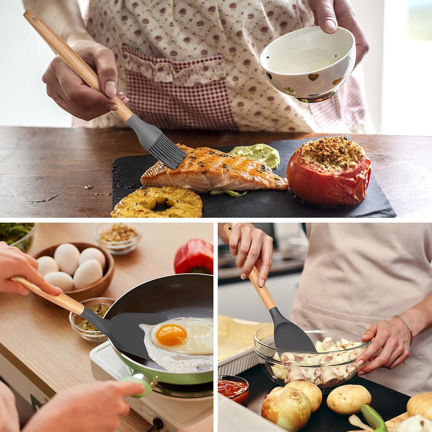 ORANGLES 12‑Piece Silicone Utensil Set – Gray Wooden Handle - full product showcase - displaying specifications - Image 5 of 6 | adapts to any space | 12‑Piece Silicone Utensil Set – Gray Wooden Handle deal New Jersey | Free Shipping ORANGLES