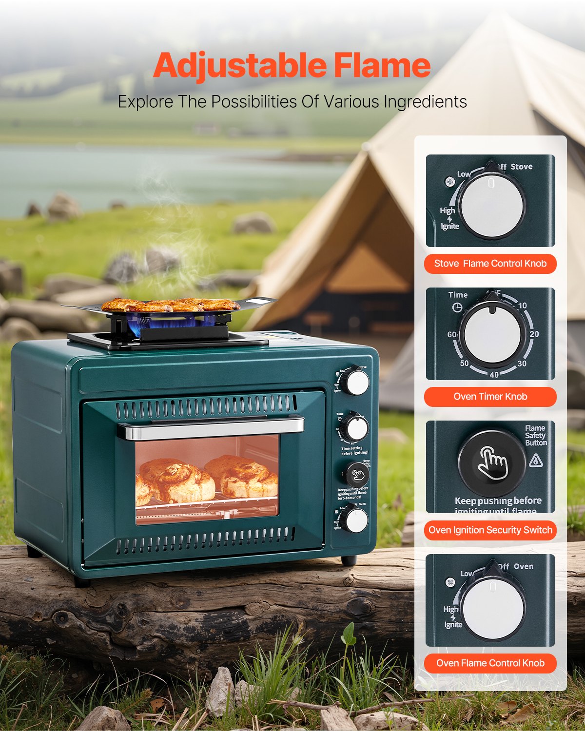 ORANGLES Outdoor Camping Oven 2 in 1 Portable Gas Stove Combo - detailed closeup view - illustrating benefits - Image 3 of 4 | created for all | Shop Outdoor Camping Oven 2 in 1 Portable Gas Stove Combo North Carolina | Free Shipping ORANGLES