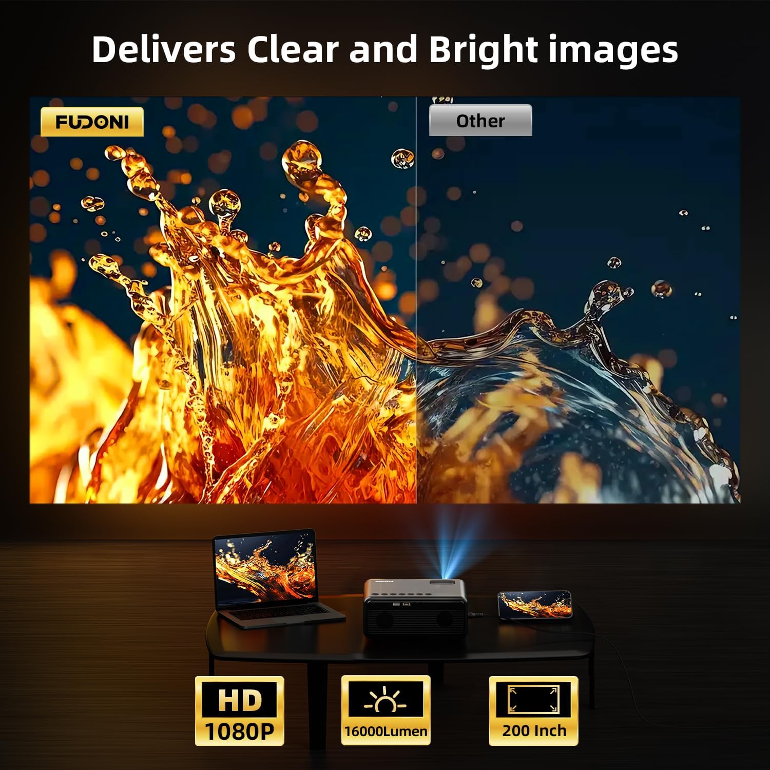 ORANGLES WiFi Bluetooth 5G Portable Projector With 4K Support - full product showcase - displaying specifications - Image 5 of 6 | adapts to any space | WiFi Bluetooth 5G Portable Projector With 4K Support deal New Jersey | Free Shipping ORANGLES