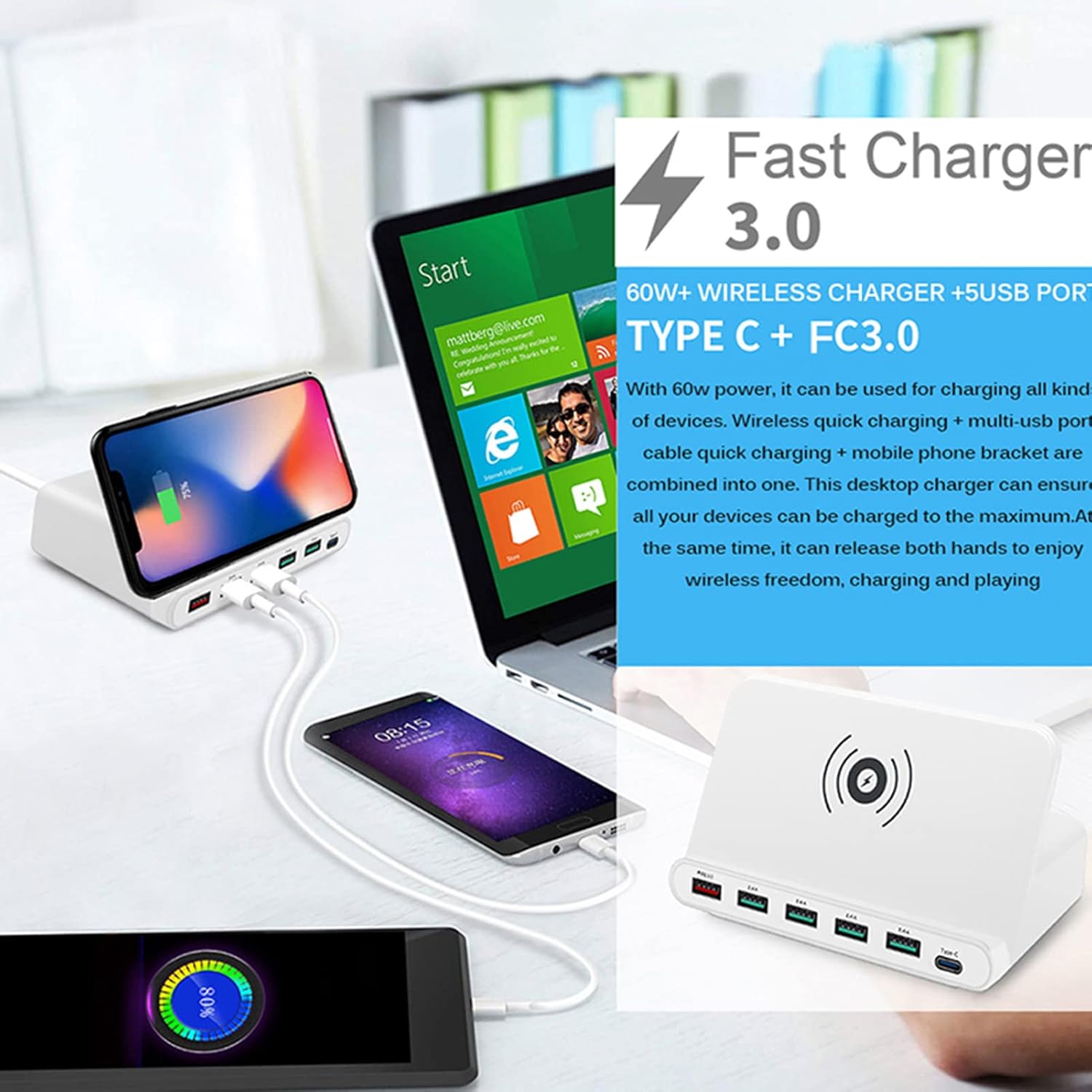 ORANGLES Charge Port 60W Six‑Port PD18W Intelligent Multi‑Port Decorative Charging Station - detailed closeup view - Image 3 of 6 | great for travel | Texas | Free Shipping ORANGLES