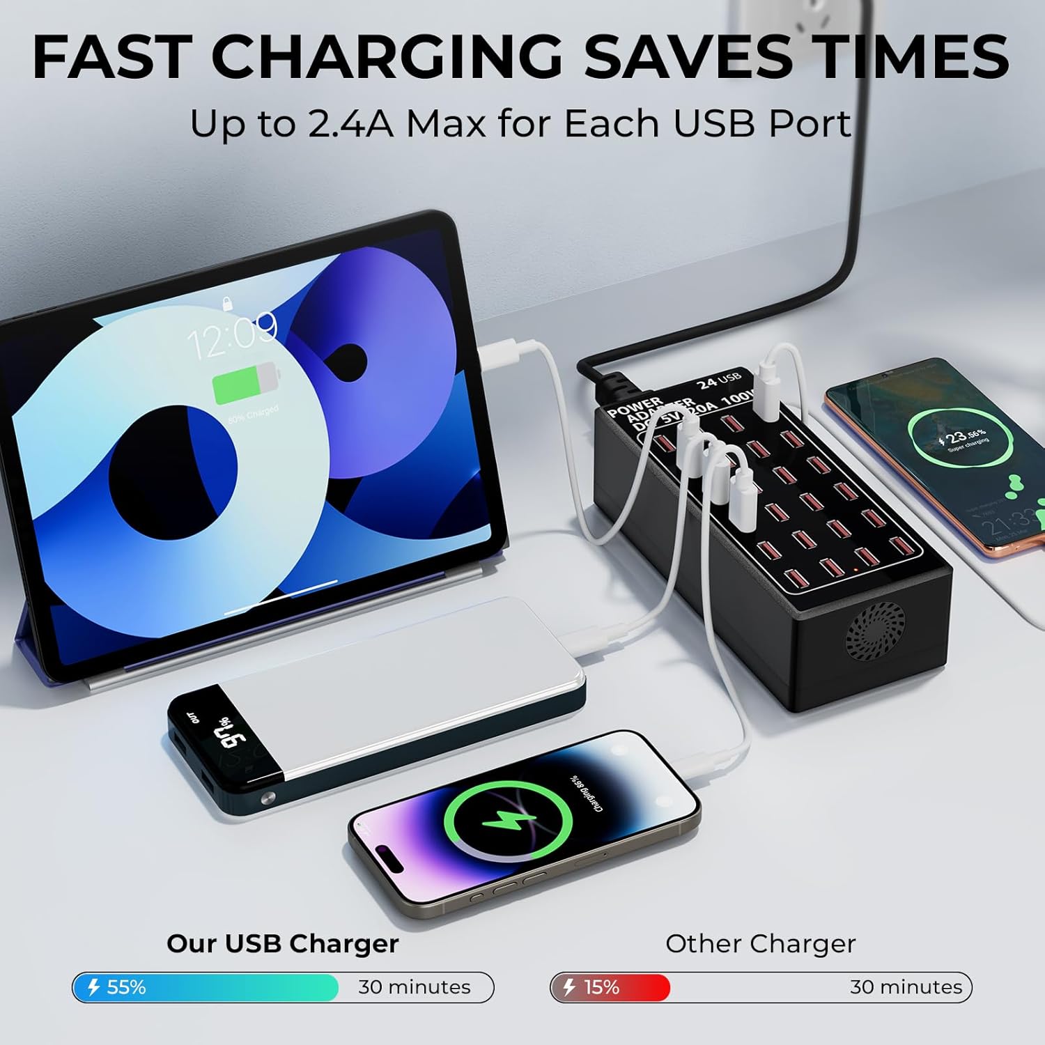 ORANGLES USB Charger Fast Charging 24‑Port Multi‑Device Power Hub - detailed closeup view - Image 3 of 6 | great for travel | Texas | Free Shipping ORANGLES