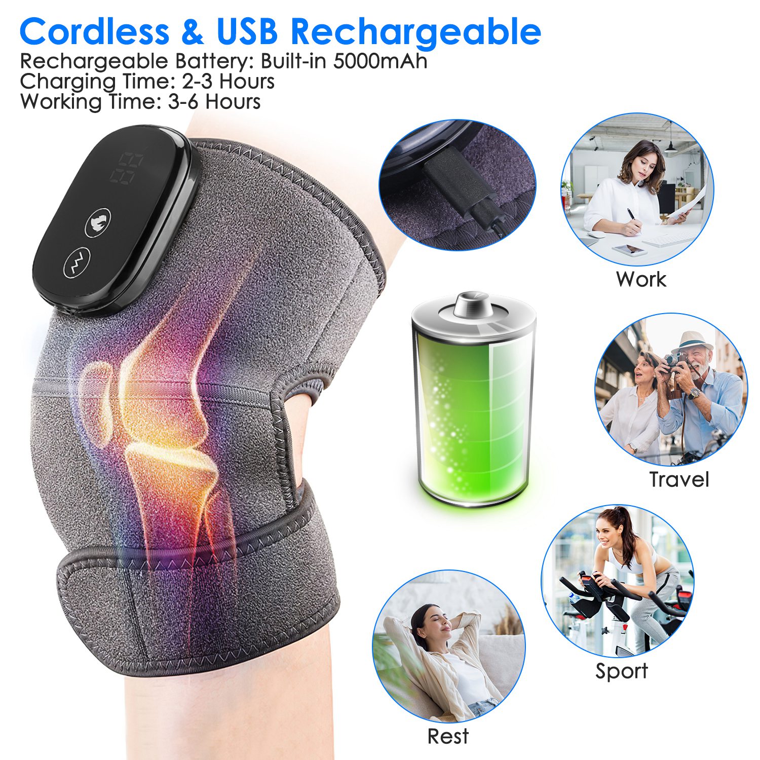 ORANGLES Knee Massager with Heat 3‑in‑1 Heated Brace for Knee, Shoulder, and Elbow with Vibration Therapy - angled perspective - Image 4 of 6 | excellent for daily use | New York | Free Shipping ORANGLES