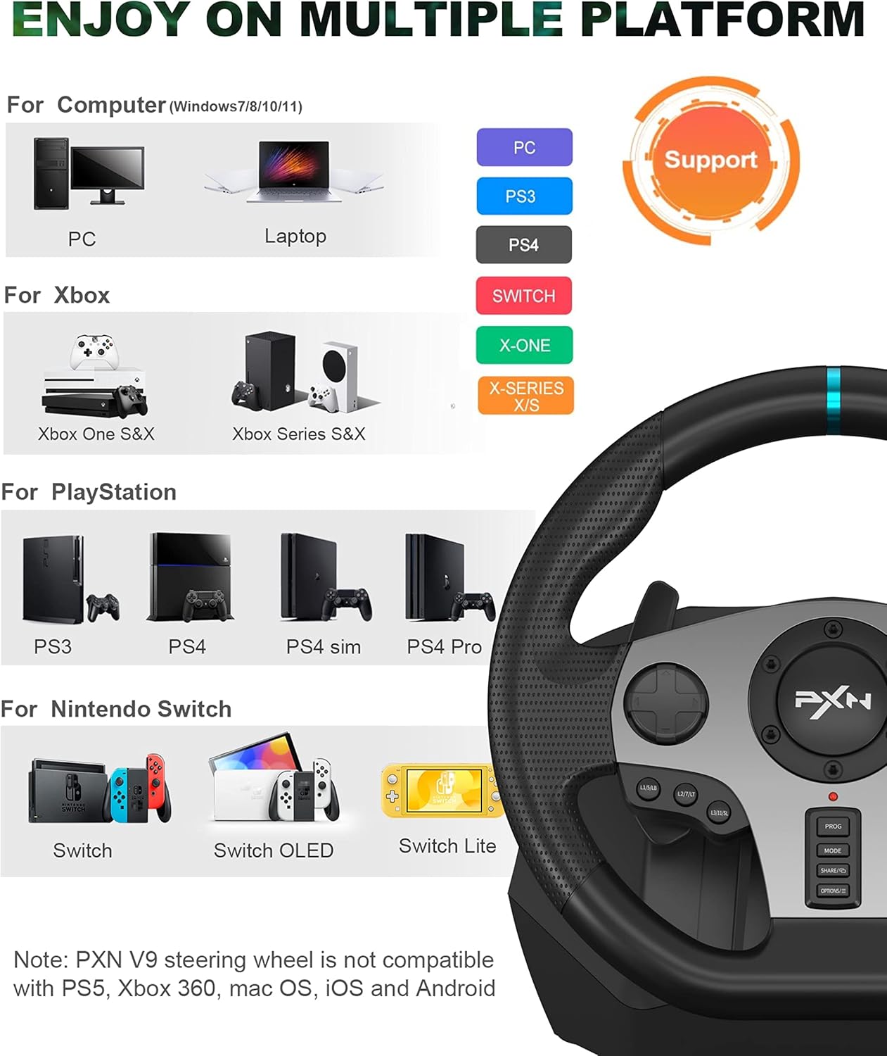 ORANGLES PXN V9 Racing Wheel – Force Feedback Game Controller for PC, PS3, PS4 & Xbox One - high resolution display - exposing craftsmanship - Image 2 of 5 | built for everyone | PXN V9 Racing Wheel – Force Feedback Game Controller for PC, PS3, PS4 & Xbox One for sale Georgia | Free Shipping ORANGLES