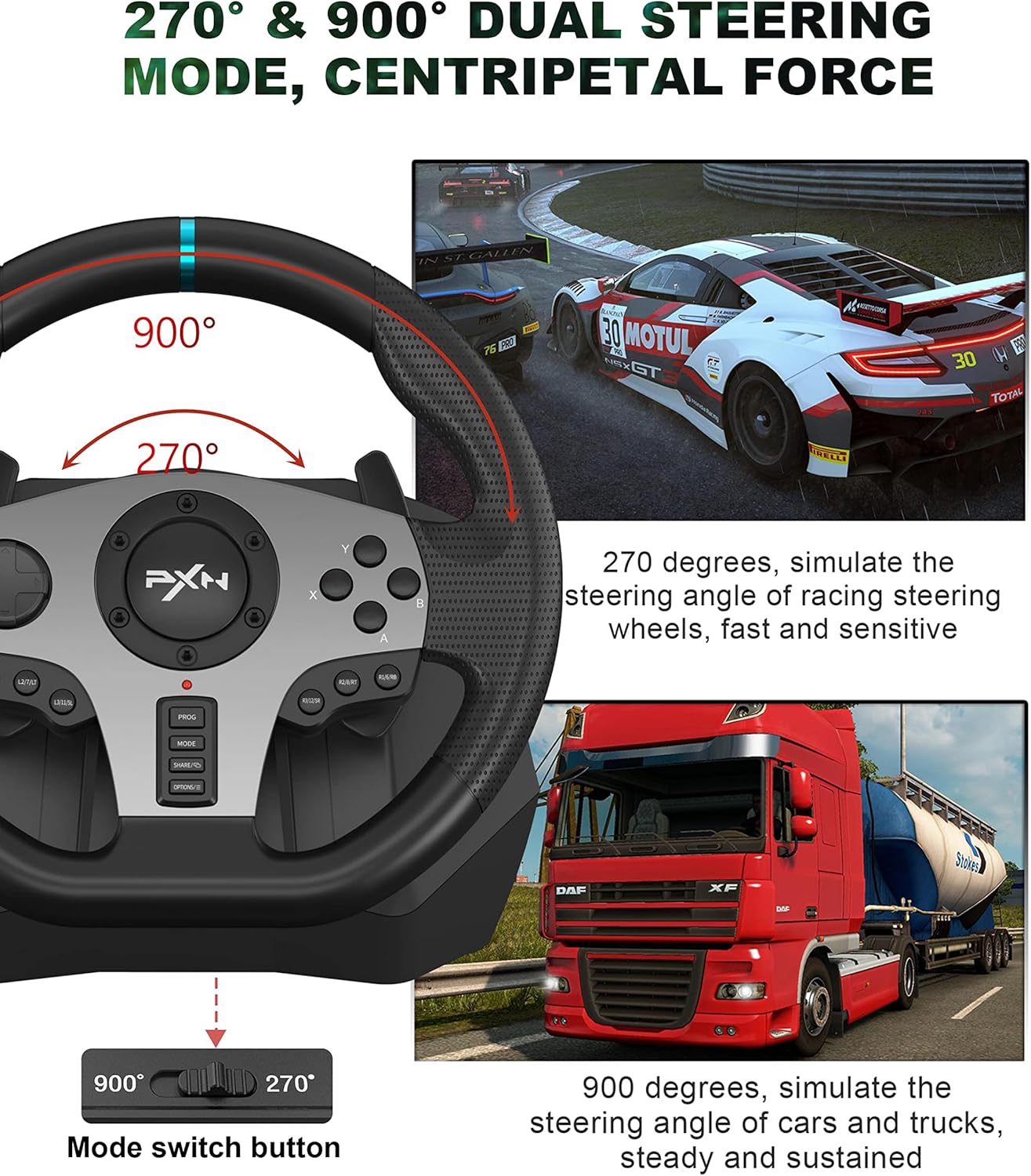 ORANGLES PXN V9 Racing Wheel – Force Feedback Game Controller for PC, PS3, PS4 & Xbox One - detailed closeup view - illustrating benefits - Image 3 of 5 | created for all | Shop PXN V9 Racing Wheel – Force Feedback Game Controller for PC, PS3, PS4 & Xbox One North Carolina | Free Shipping ORANGLES