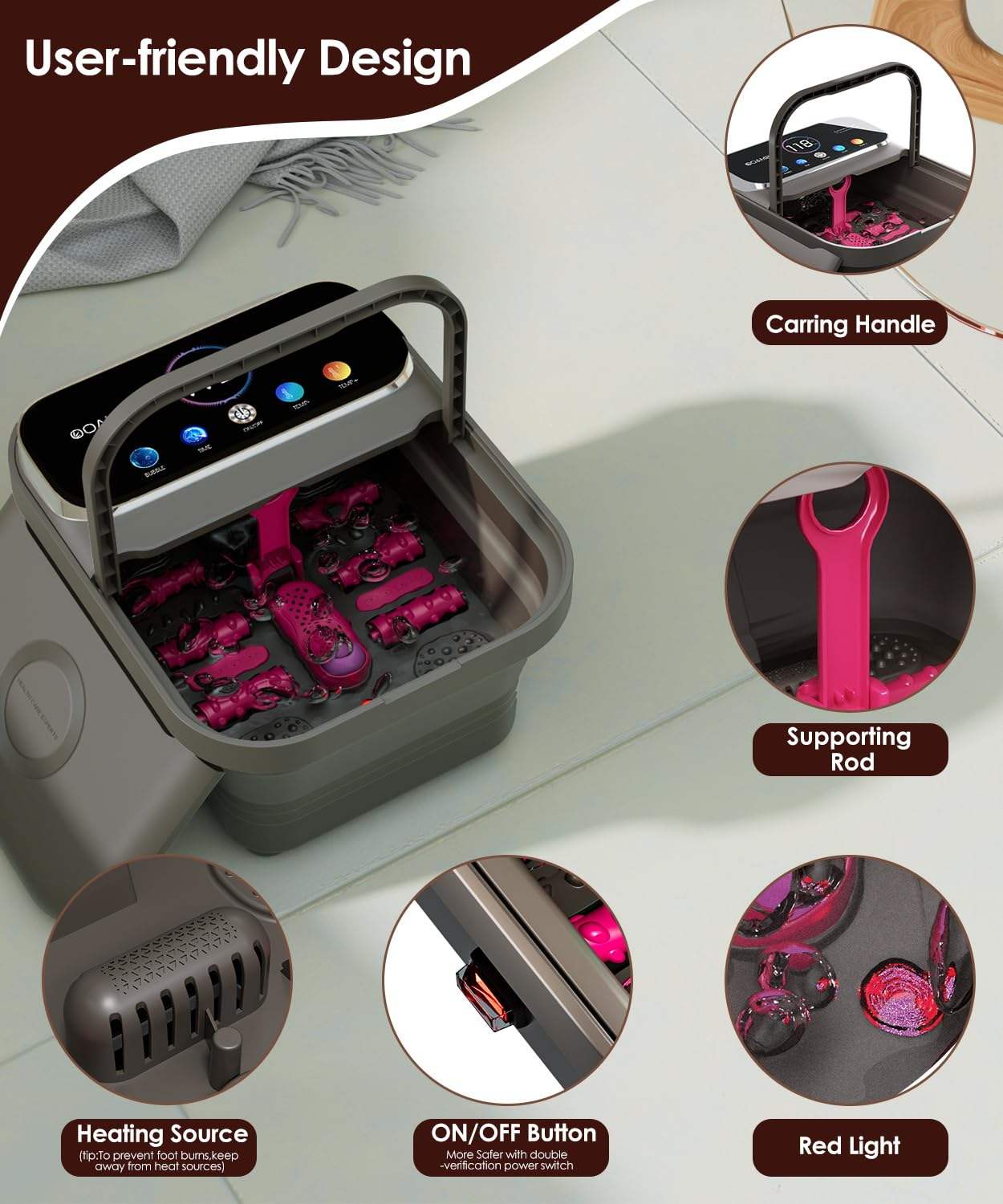 ORANGLES Foot Spa Massager Collapsible Bubble Heat Touch Screen with 6 Rollers for Relaxation - full product showcase - Image 5 of 5 | suitable for professionals | Florida | Free Shipping ORANGLES