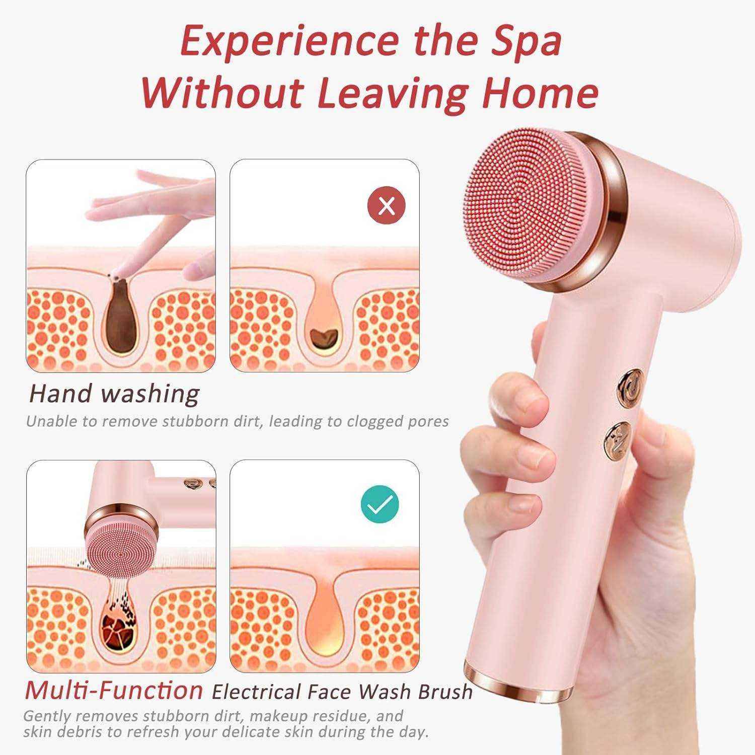 ORANGLES Portable Waterproof Sonic Facial Brush – Rotating Spin Roller Cleanser - detailed closeup view - illustrating benefits - Image 3 of 3 | created for all | Shop Portable Waterproof Sonic Facial Brush – Rotating Spin Roller Cleanser North Carolina | Free Shipping ORANGLES