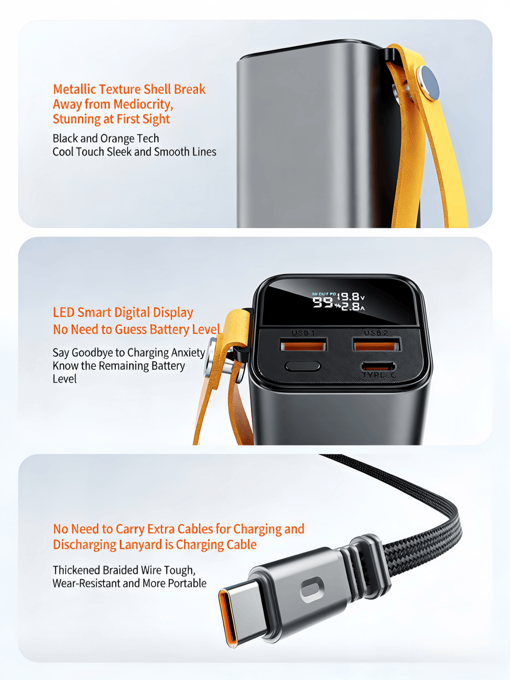 ORANGLES 65W Camping Power Bank – 20000mAh Fast Charging with Built‑in Cable - detailed closeup view - illustrating benefits - Image 3 of 6 | created for all | Shop 65W Camping Power Bank – 20000mAh Fast Charging with Built‑in Cable North Carolina | Free Shipping ORANGLES
