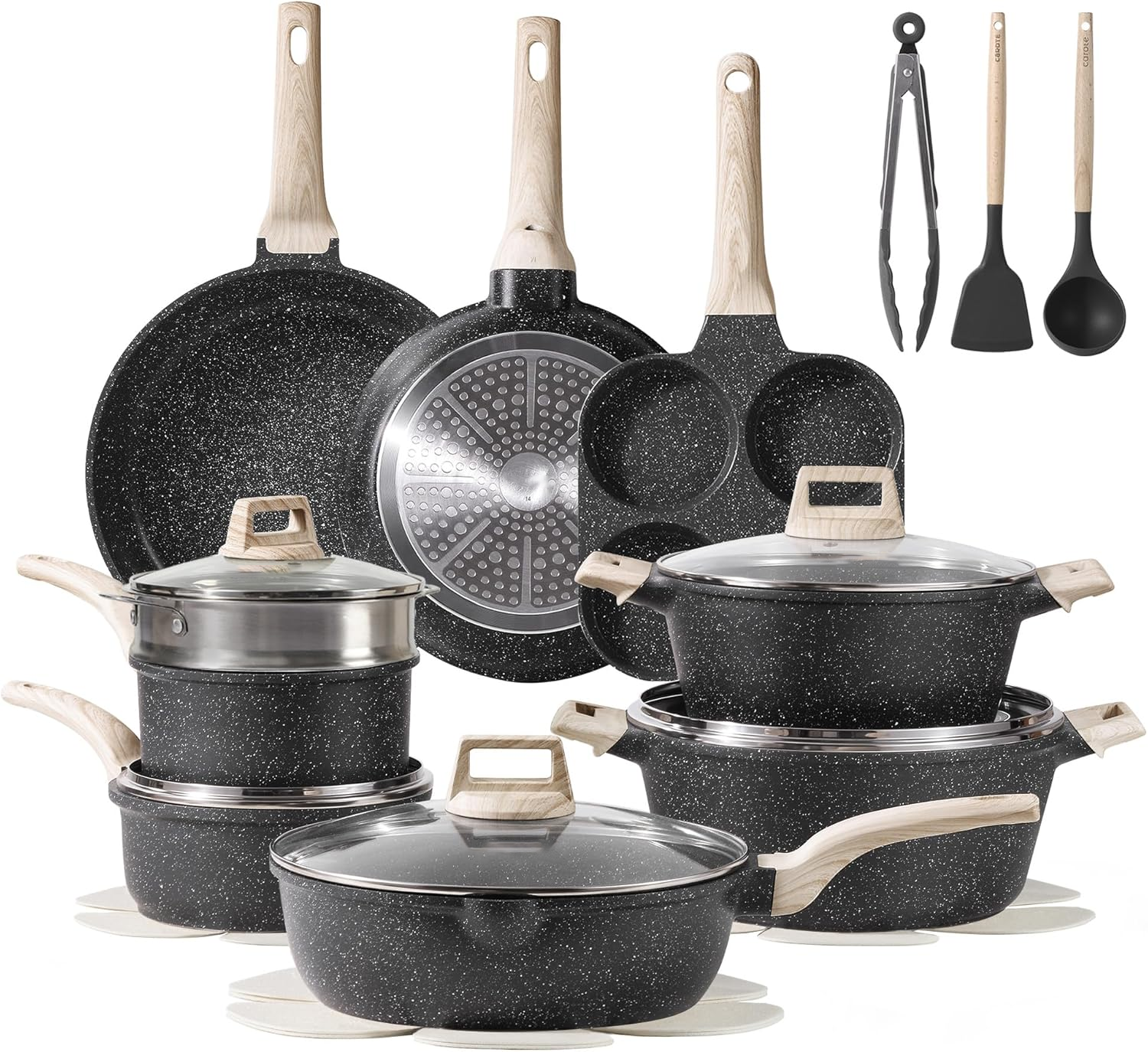 Non Stick Pots and Pan Set | Granite Induction Cookware with Black Finish