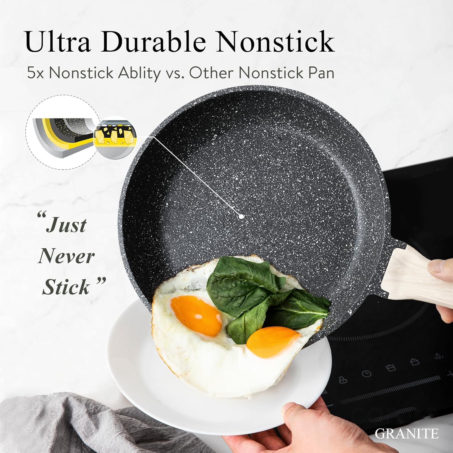 ORANGLES Non Stick Pots and Pan Set | Granite Induction Cookware with Black Finish - angled perspective - Image 4 of 5 | excellent for daily use | New York | Free Shipping ORANGLES