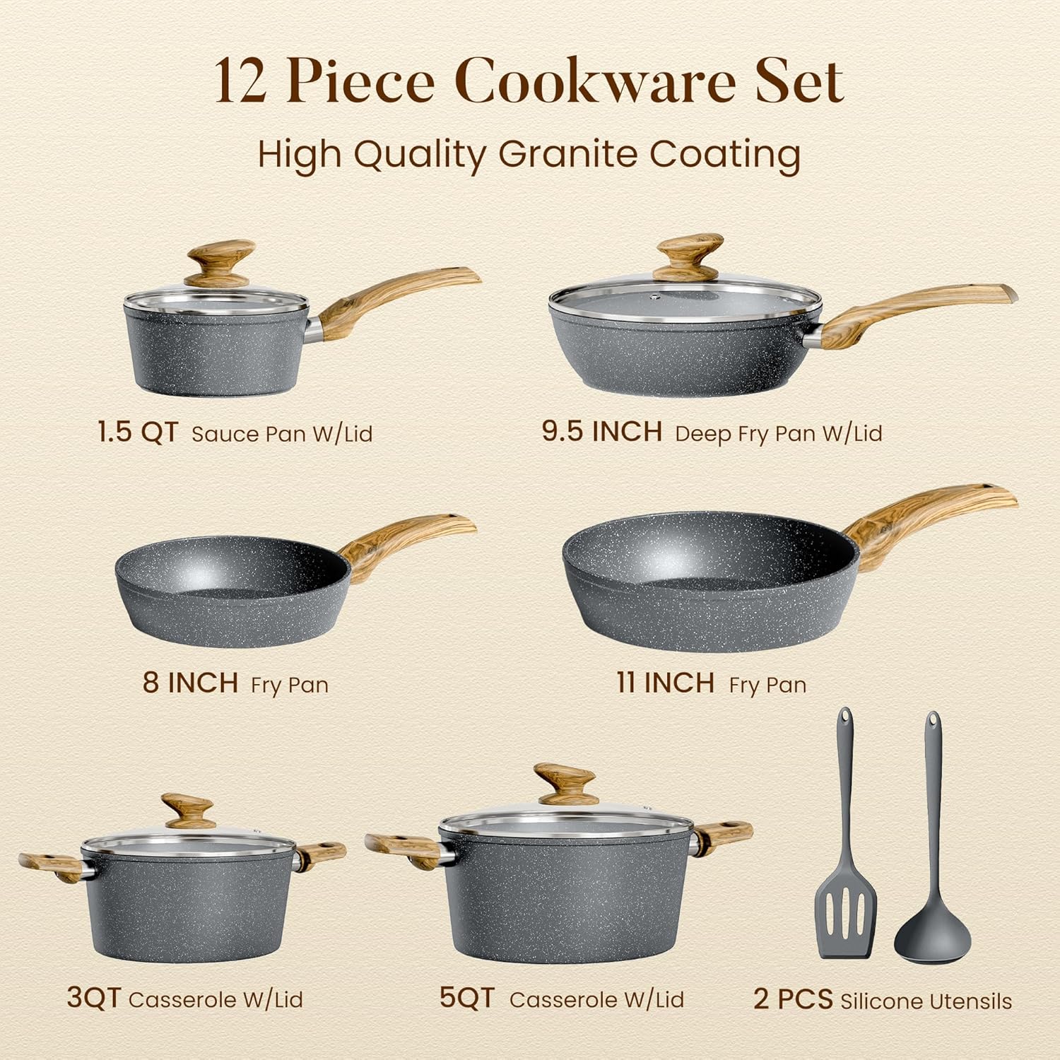ORANGLES Cookware Sets Cooking Pots | 9‑Piece Non‑Stick Aluminum Alloy with Wooden Handles - elegant presentation - Image 6 of 6 | designed for enthusiasts | Illinois | Free Shipping ORANGLES