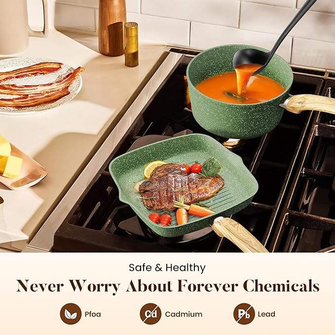 ORANGLES Best Pots and Pans Set | 17‑Piece Granite Non‑Stick Induction Kitchen Collection - detailed closeup view - Image 3 of 5 | great for travel | Texas | Free Shipping ORANGLES