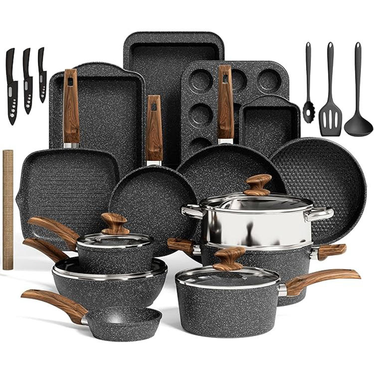 Nonstick Cookware Set | 30‑Piece Granite Black Aluminum Cooking Collection