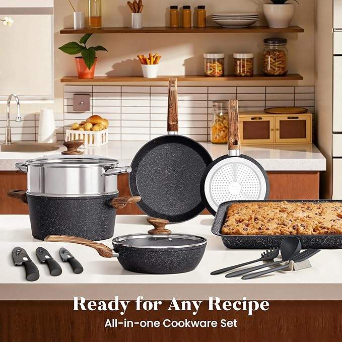 ORANGLES Nonstick Cookware Set | 30‑Piece Granite Black Aluminum Cooking Collection - angled perspective - Image 4 of 5 | excellent for daily use | New York | Free Shipping ORANGLES