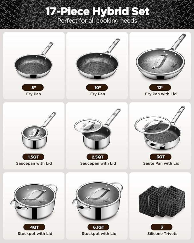 ORANGLES Stainless Steel Cookware Set | 17‑Piece Hybrid Non‑Stick Silver Collection - high resolution display - Image 2 of 6 | perfect for office | California | Free Shipping ORANGLES