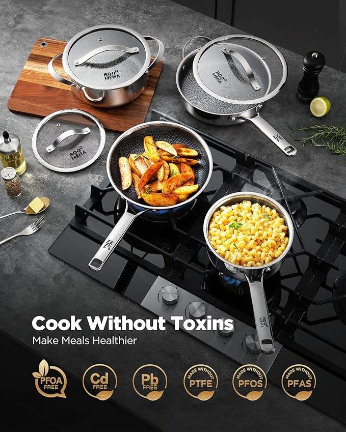 ORANGLES Stainless Steel Cookware Set | 17‑Piece Hybrid Non‑Stick Silver Collection - detailed closeup view - Image 3 of 6 | great for travel | Texas | Free Shipping ORANGLES