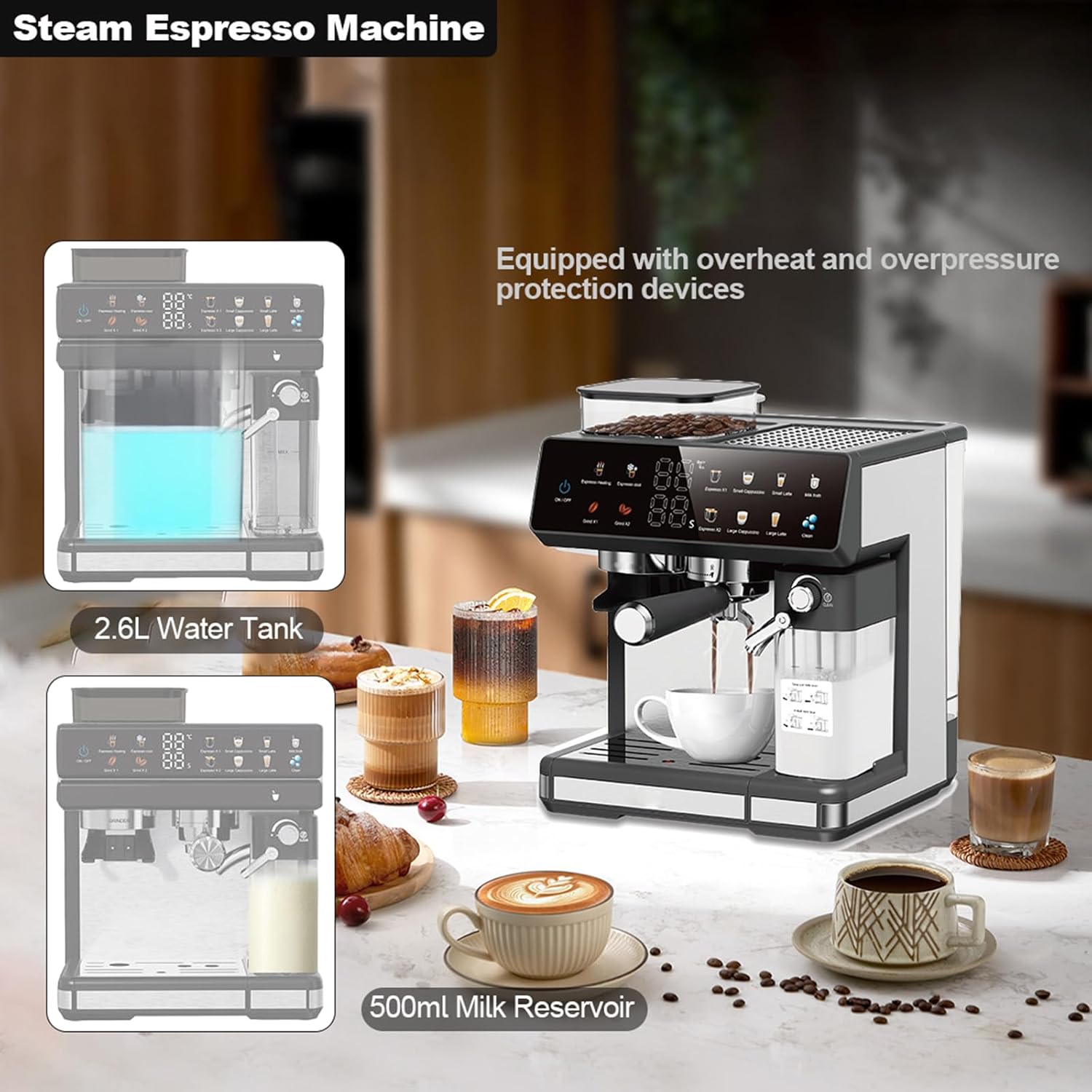 ORANGLES Automatic Coffee Machine | Italian‑Style Smart Grinder & Milk System - detailed closeup view - Image 3 of 6 | great for travel | Texas | Free Shipping ORANGLES