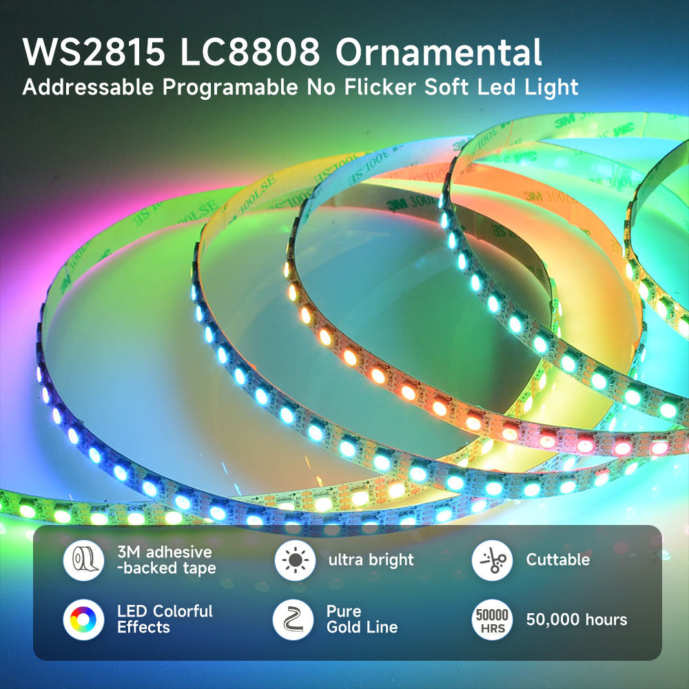 WS2815 12V RGB LED Strip 5050 SMD 60 LEDs/m | Addressable Chasing Light 4-Pin 1LED 1IC Smart Digital Lighting
