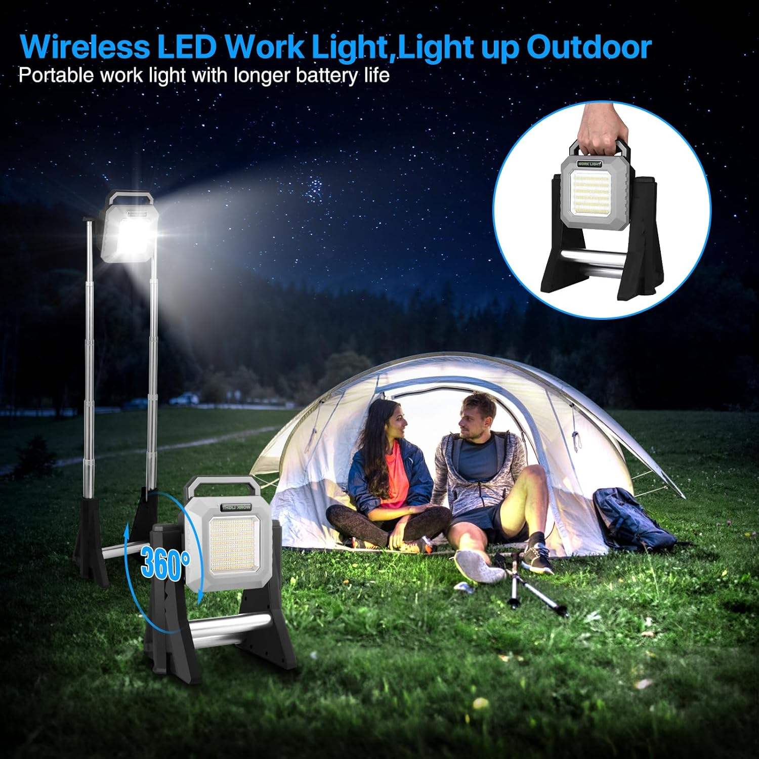 ORANGLES Cordless LED Work Light Rechargeable Telescopic Floodlight | Adjustable Rotatable Aluminum Head Camping & Portable Work Lamp - high resolution display - exposing craftsmanship - Image 2 of 6 | built for everyone | Cordless LED Work Light Rechargeable Telescopic Floodlight | Adjustable Rotatable Aluminum Head Camping & Portable Work Lamp for sale Georgia | Free Shipping ORANGLES