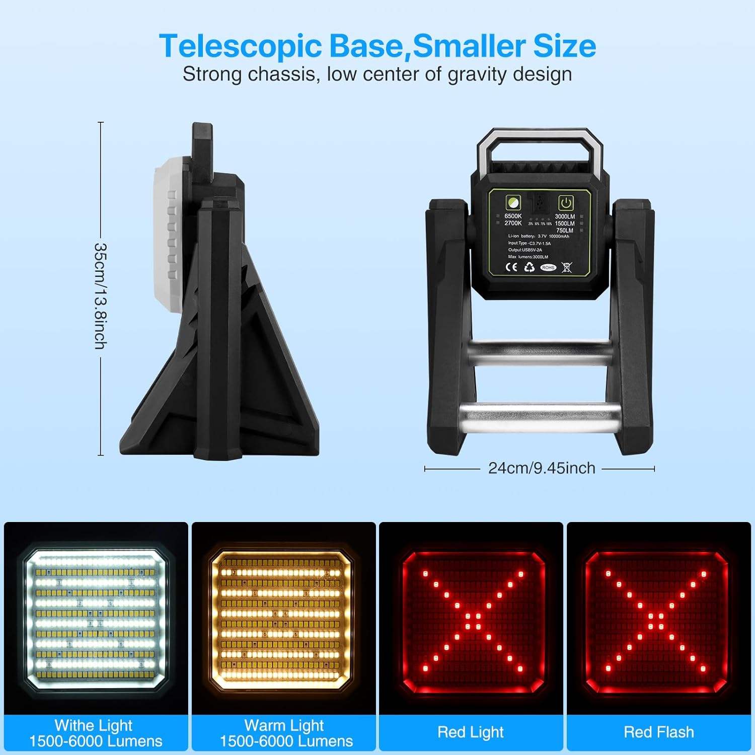 ORANGLES Cordless LED Work Light Rechargeable Telescopic Floodlight | Adjustable Rotatable Aluminum Head Camping & Portable Work Lamp - angled perspective - presenting advantages - Image 4 of 6 | fits any environment | Purchase Cordless LED Work Light Rechargeable Telescopic Floodlight | Adjustable Rotatable Aluminum Head Camping & Portable Work Lamp Michigan | Free Shipping ORANGLES