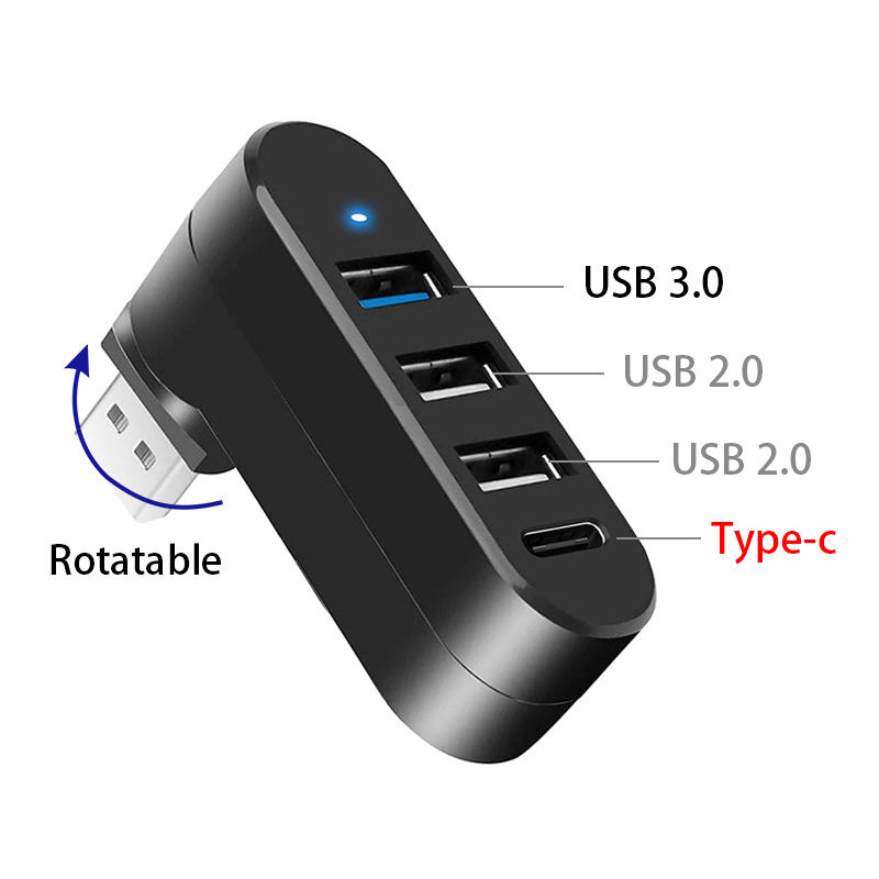 Small 4-in-1 Rotatable USB 3.0 Hub Splitter – 4 Port USB Type-C Extender with Power Data Port for MacBook, Laptop & PC