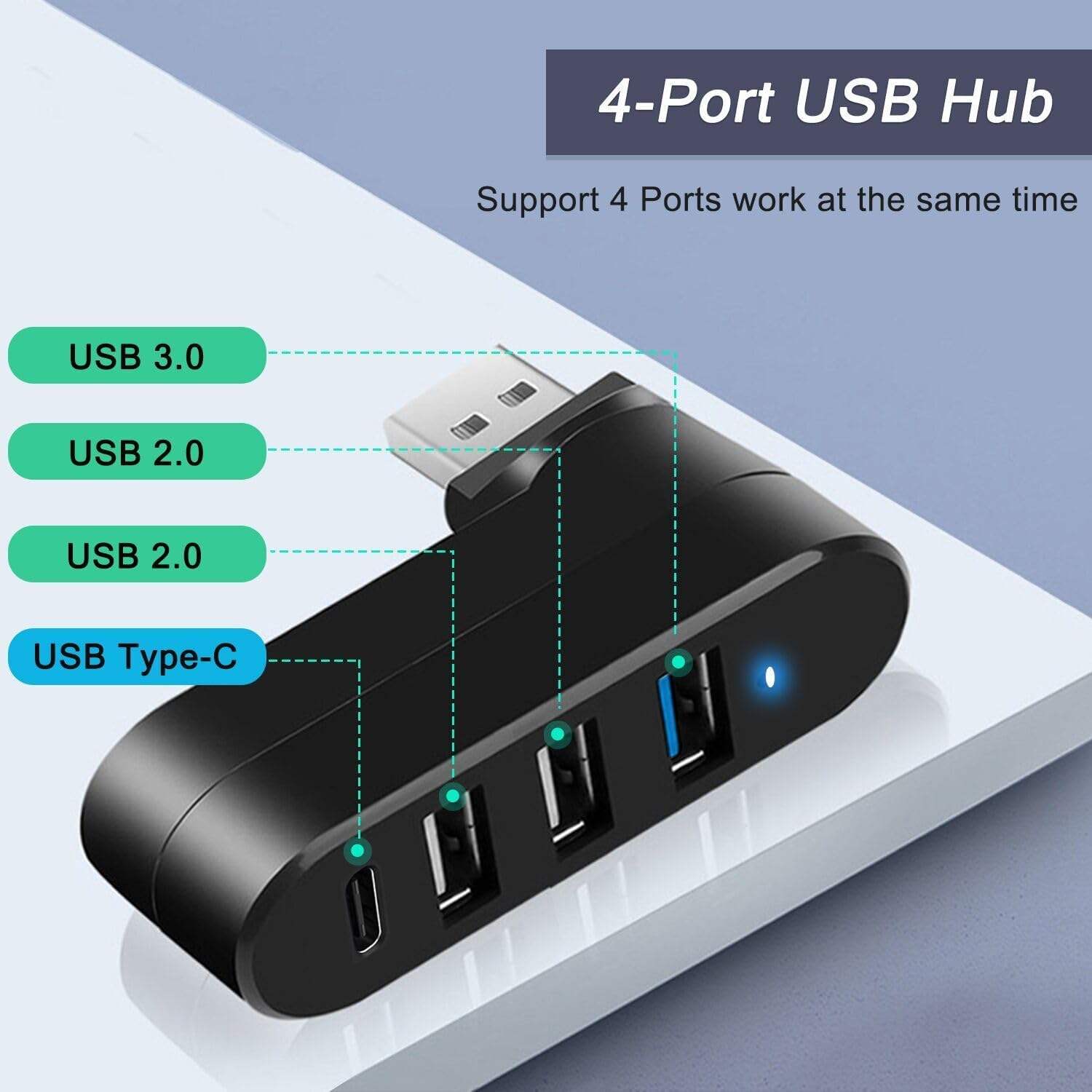 ORANGLES Small 4-in-1 Rotatable USB 3.0 Hub Splitter – 4 Port USB Type-C Extender with Power Data Port for MacBook, Laptop & PC - full product showcase - displaying specifications - Image 5 of 6 | adapts to any space | Small 4-in-1 Rotatable USB 3.0 Hub Splitter – 4 Port USB Type-C Extender with Power Data Port for MacBook, Laptop & PC deal New Jersey | Free Shipping ORANGLES