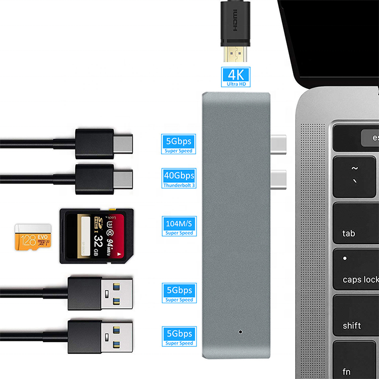 ORANGLES 7-in-1 Dual USB-C Hub 4K HDMI Thunderbolt Docking Station - full product showcase - displaying specifications - Image 5 of 6 | adapts to any space | 7-in-1 Dual USB-C Hub 4K HDMI Thunderbolt Docking Station deal New Jersey | Free Shipping ORANGLES