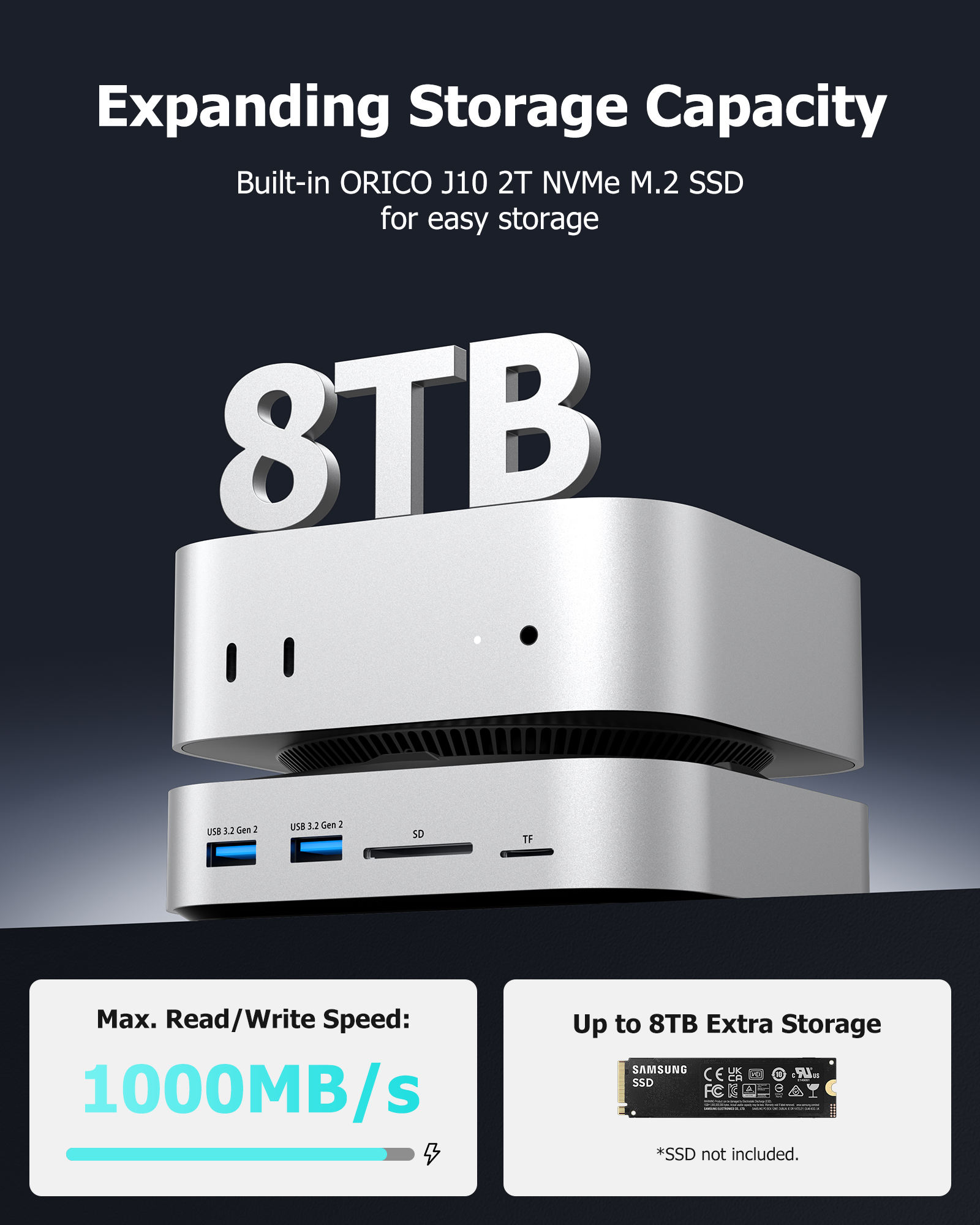 ORANGLES 11-in-1 USB-C Docking Station Hub – USB 3.0 x3, USB 3.2 Gen2 10Gbps x2, DP, SD/TF Card Reader & M.2 NVMe SSD Enclosure Type-C Multiport Adapter for Laptop & PC - detailed closeup view - illustrating benefits - Image 3 of 6 | created for all | Shop 11-in-1 USB-C Docking Station Hub – USB 3.0 x3, USB 3.2 Gen2 10Gbps x2, DP, SD/TF Card Reader & M.2 NVMe SSD Enclosure Type-C Multiport Adapter for Laptop & PC North Carolina | Free Shipping ORANGLES