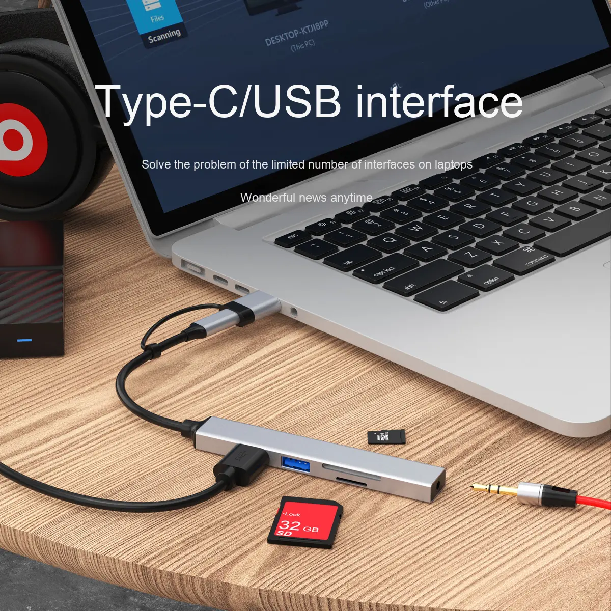 ORANGLES USB 3.0 Type-C Card Reader Hub – Audio Expansion Splitter with PD Charging, Aluminium Multiport Adapter for Laptop & Mobile Phone (Driver-Free) - detailed closeup view - Image 3 of 6 | great for travel | Texas | Free Shipping ORANGLES