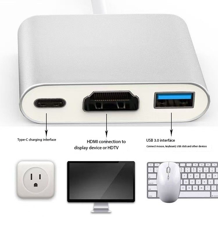 ORANGLES Best Price 4K HDMI USB-C Adapter 3-in-1 Multiport Hub – USB 3.0 5Gbps, HDTV Output & Type-C Card Reader Docking Station for Laptop & Mobile - high resolution display - Image 2 of 6 | perfect for office | California | Free Shipping ORANGLES