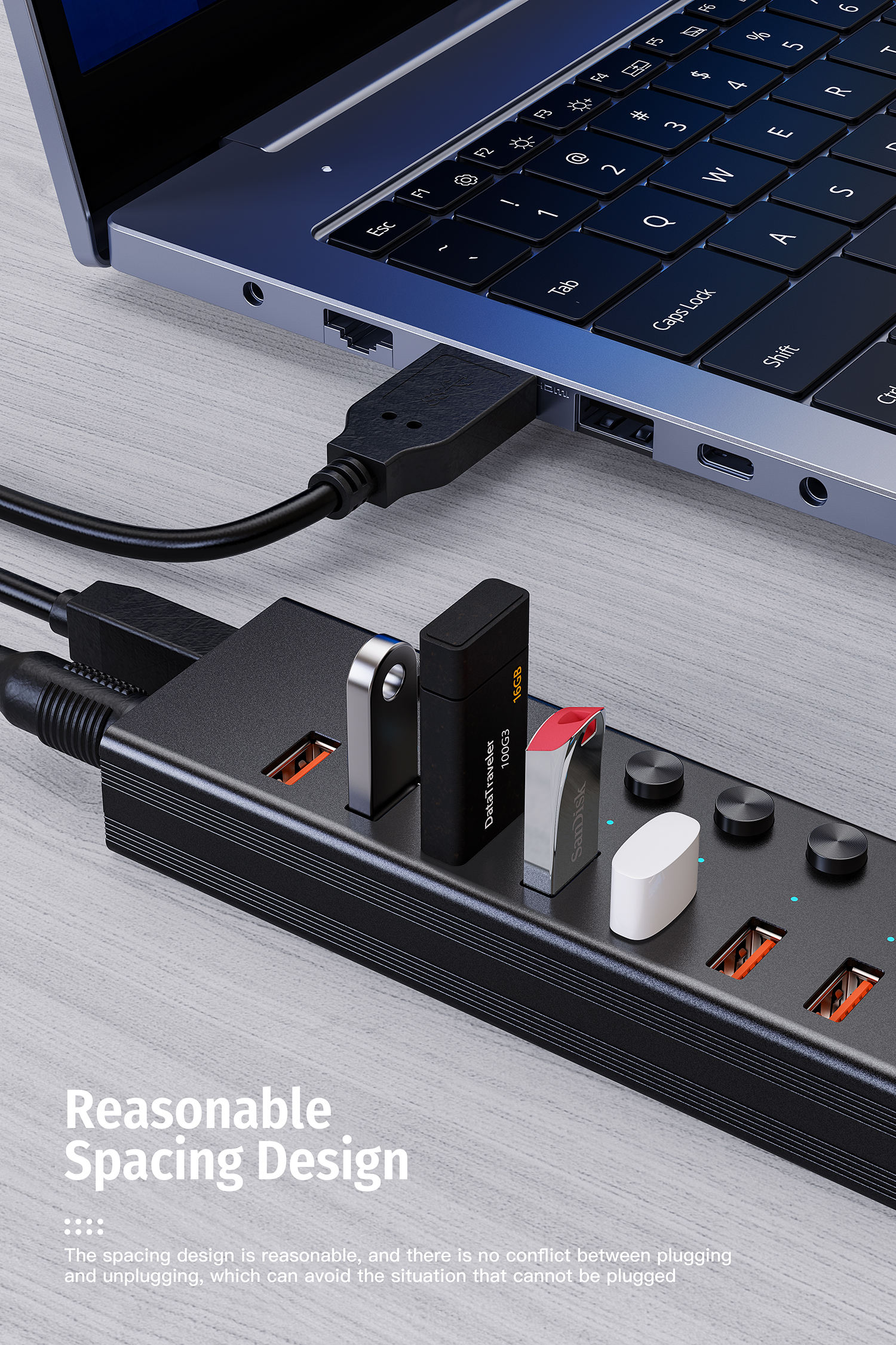 ORANGLES FORIDA 10Gbps Aluminium USB 3.2 Powered Hub – 10-Port USB-C Splitter with 12V/4A Adapter High-Speed Data & Charging Docking Station for PC & Laptop - detailed closeup view - illustrating benefits - Image 3 of 6 | created for all | Shop FORIDA 10Gbps Aluminium USB 3.2 Powered Hub – 10-Port USB-C Splitter with 12V/4A Adapter High-Speed Data & Charging Docking Station for PC & Laptop North Carolina | Free Shipping ORANGLES