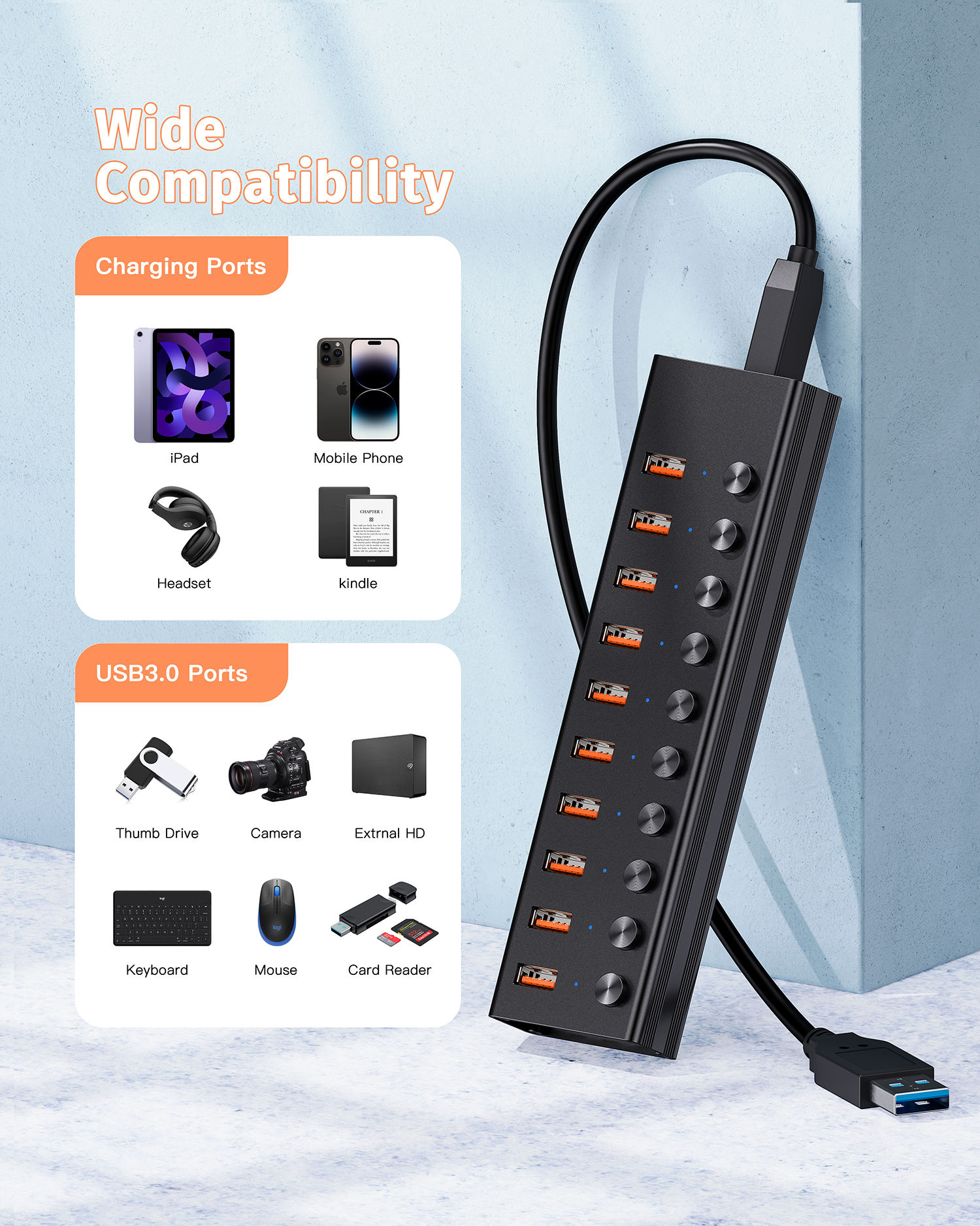 ORANGLES FORIDA 10Gbps Aluminium USB 3.2 Powered Hub – 10-Port USB-C Splitter with 12V/4A Adapter High-Speed Data & Charging Docking Station for PC & Laptop - angled perspective - presenting advantages - Image 4 of 6 | fits any environment | Purchase FORIDA 10Gbps Aluminium USB 3.2 Powered Hub – 10-Port USB-C Splitter with 12V/4A Adapter High-Speed Data & Charging Docking Station for PC & Laptop Michigan | Free Shipping ORANGLES