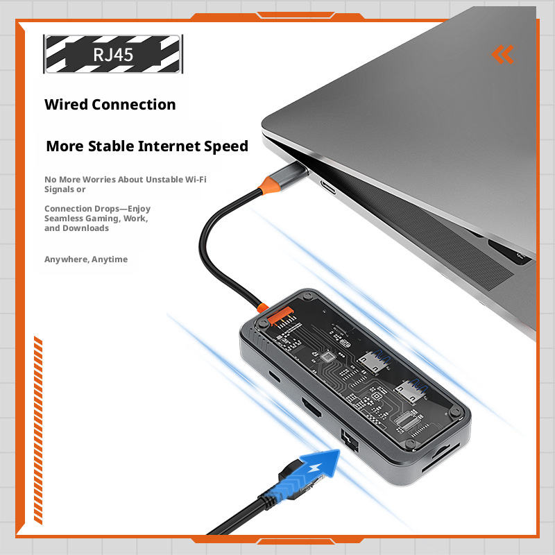 ORANGLES 8-in-1 USB-C Docking Station – 4K HDMI & VGA, RJ45 Ethernet, SD/TF Card Reader, USB 3.0 Hub with 100W PD Fast Charging - detailed closeup view - illustrating benefits - Image 3 of 4 | created for all | Shop 8-in-1 USB-C Docking Station – 4K HDMI & VGA, RJ45 Ethernet, SD/TF Card Reader, USB 3.0 Hub with 100W PD Fast Charging North Carolina | Free Shipping ORANGLES
