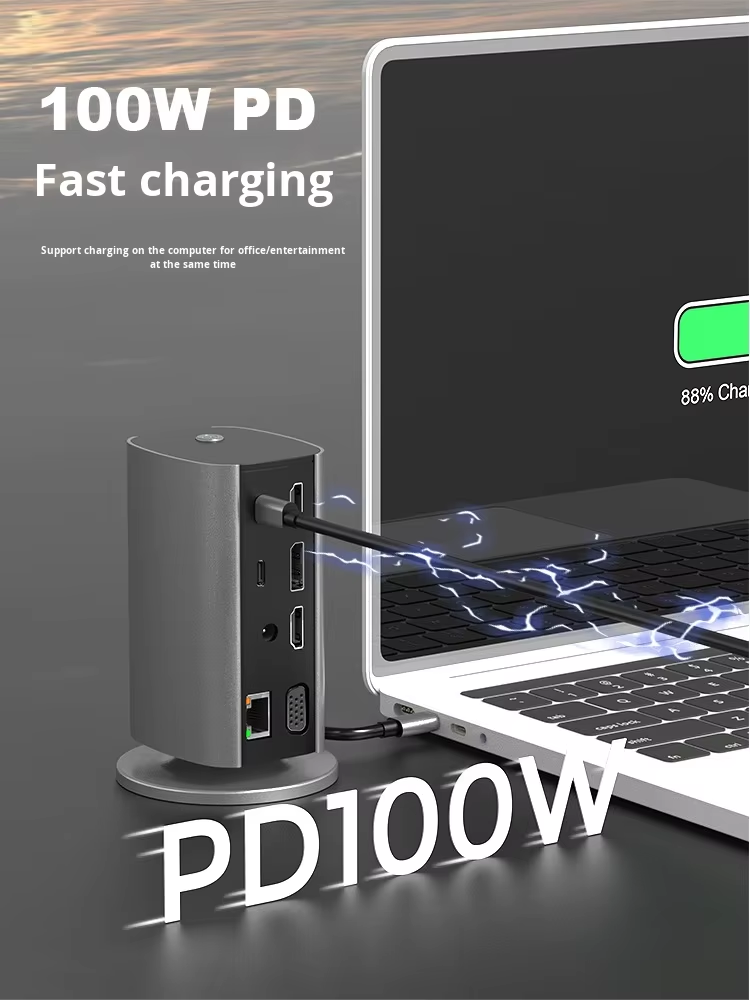 ORANGLES 16-in-1 USB-C Vertical Docking Station – Multi-Screen MST Hub with 8K Display, Gigabit Ethernet & Multiport Desktop Expander - angled perspective - presenting advantages - Image 4 of 6 | fits any environment | Purchase 16-in-1 USB-C Vertical Docking Station – Multi-Screen MST Hub with 8K Display, Gigabit Ethernet & Multiport Desktop Expander Michigan | Free Shipping ORANGLES