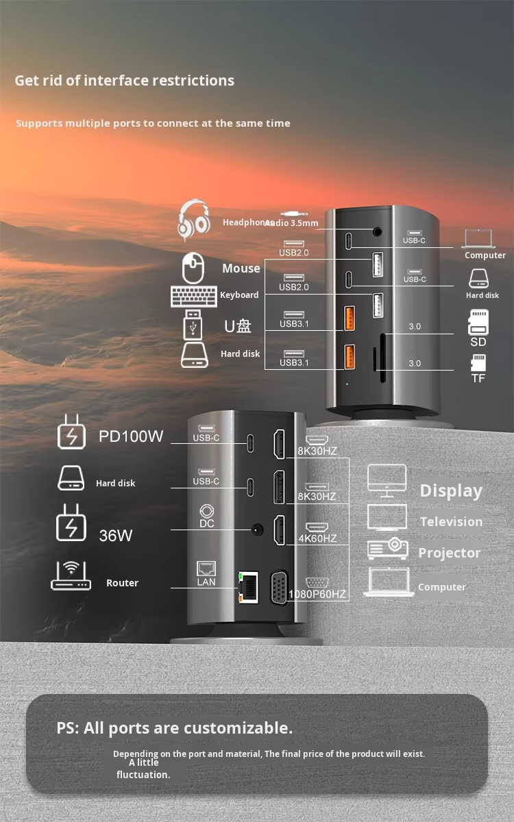 ORANGLES 16-in-1 USB-C Vertical Docking Station – Multi-Screen MST Hub with 8K Display, Gigabit Ethernet & Multiport Desktop Expander - full product showcase - displaying specifications - Image 5 of 6 | adapts to any space | 16-in-1 USB-C Vertical Docking Station – Multi-Screen MST Hub with 8K Display, Gigabit Ethernet & Multiport Desktop Expander deal New Jersey | Free Shipping ORANGLES