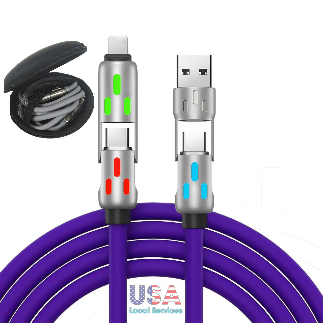 ORANGLES US Warehouse 4-in-1 Fast Charging USB Cable – Zinc Alloy Multi Charging Data Cable with Colorful LED Light & Carrying Case for Phone & Laptop  - Main Product Image - professional product shot revealing details | Best price US Warehouse 4-in-1 Fast Charging USB Cable – Zinc Alloy Multi Charging Data Cable with Colorful LED Light & Carrying Case for Phone & Laptop authentic product Ohio | ORANGLES