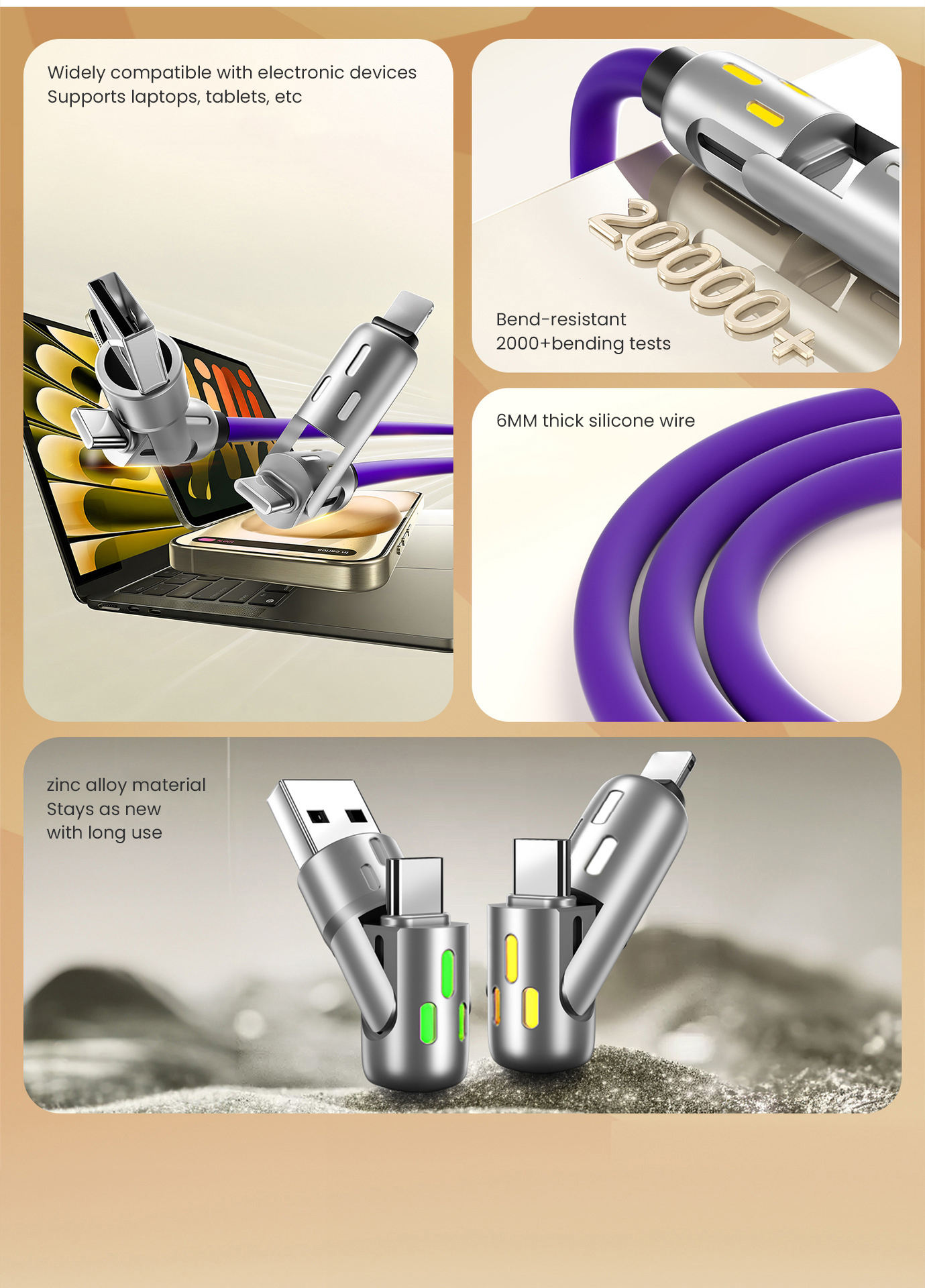 ORANGLES US Warehouse 4-in-1 Fast Charging USB Cable – Zinc Alloy Multi Charging Data Cable with Colorful LED Light & Carrying Case for Phone & Laptop - detailed closeup view - illustrating benefits - Image 3 of 5 | created for all | Shop US Warehouse 4-in-1 Fast Charging USB Cable – Zinc Alloy Multi Charging Data Cable with Colorful LED Light & Carrying Case for Phone & Laptop North Carolina | Free Shipping ORANGLES