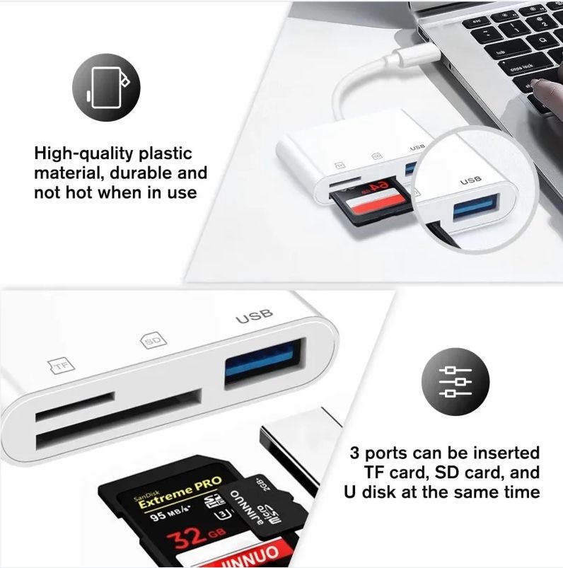 ORANGLES 3-in-1 Lightning & USB-C OTG Adapter – TF/SD Card Reader + USB Port Memory Reader for iPhone 14/13/12/11/X, Huawei, Xiaomi & Samsung - high resolution display - exposing craftsmanship - Image 2 of 6 | built for everyone | 3-in-1 Lightning & USB-C OTG Adapter – TF/SD Card Reader + USB Port Memory Reader for iPhone 14/13/12/11/X, Huawei, Xiaomi & Samsung for sale Georgia | Free Shipping ORANGLES