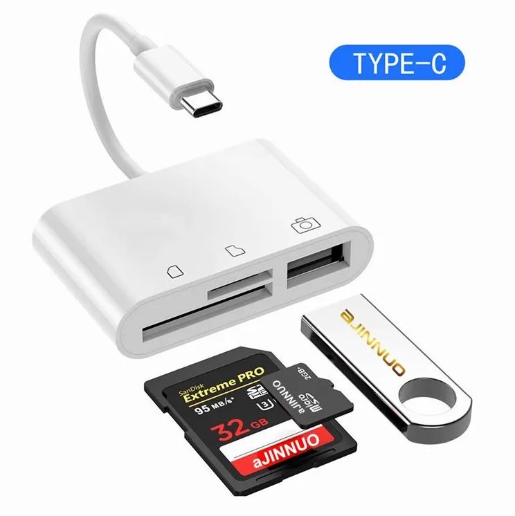 ORANGLES 3-in-1 Lightning & USB-C OTG Adapter – TF/SD Card Reader + USB Port Memory Reader for iPhone 14/13/12/11/X, Huawei, Xiaomi & Samsung - angled perspective - presenting advantages - Image 4 of 6 | fits any environment | Purchase 3-in-1 Lightning & USB-C OTG Adapter – TF/SD Card Reader + USB Port Memory Reader for iPhone 14/13/12/11/X, Huawei, Xiaomi & Samsung Michigan | Free Shipping ORANGLES