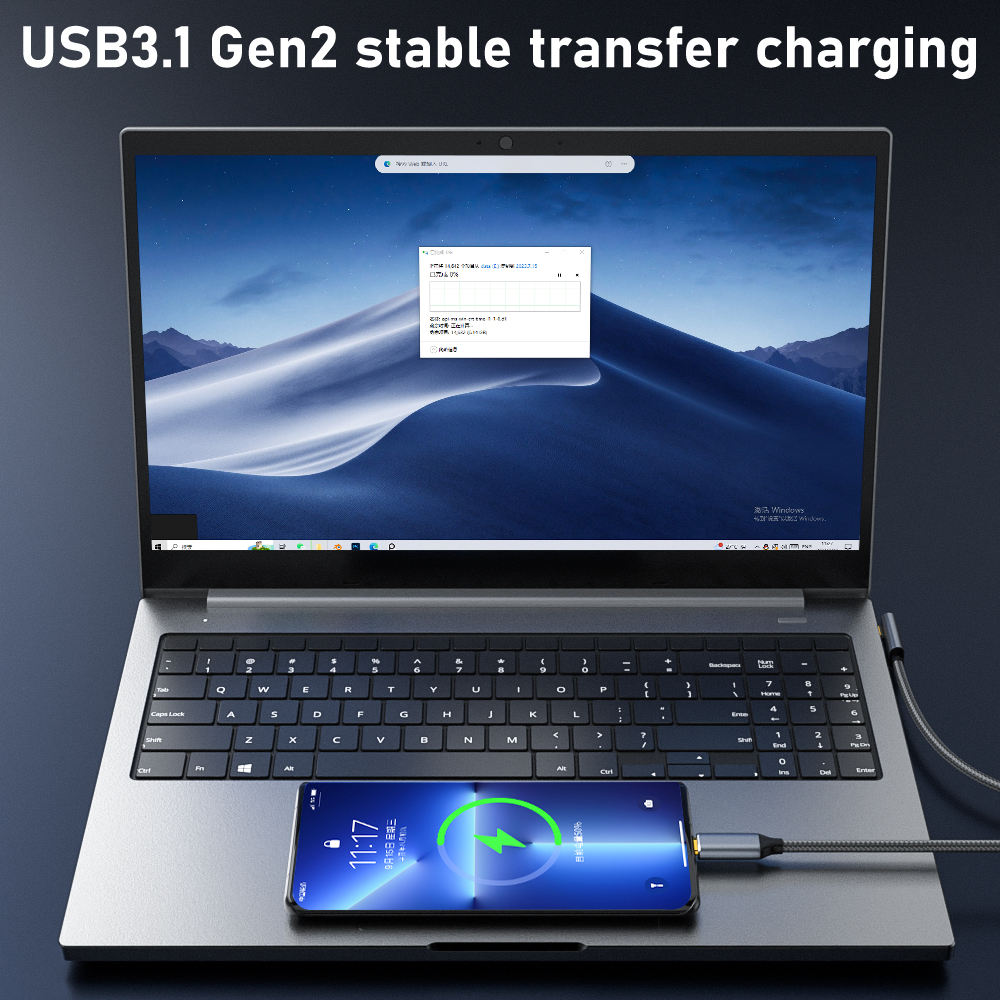 ORANGLES 2M Right Angle USB-C to USB-C Cable – 90° PD 100W Fast Charging, 10Gbps USB 3.2 Gen2 4K Video Type-C Braided Cable for Tablets & Laptops - detailed closeup view - illustrating benefits - Image 3 of 6 | created for all | Shop 2M Right Angle USB-C to USB-C Cable – 90° PD 100W Fast Charging, 10Gbps USB 3.2 Gen2 4K Video Type-C Braided Cable for Tablets & Laptops North Carolina | Free Shipping ORANGLES