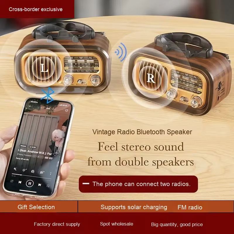 ORANGLES Solar Powered Retro Speaker with FM/AM Radio – Portable Outdoor Bluetooth Speaker with Solar Charging & Emergency Power Function - full product showcase - displaying specifications - Image 5 of 6 | adapts to any space | Solar Powered Retro Speaker with FM/AM Radio – Portable Outdoor Bluetooth Speaker with Solar Charging & Emergency Power Function deal New Jersey | Free Shipping ORANGLES